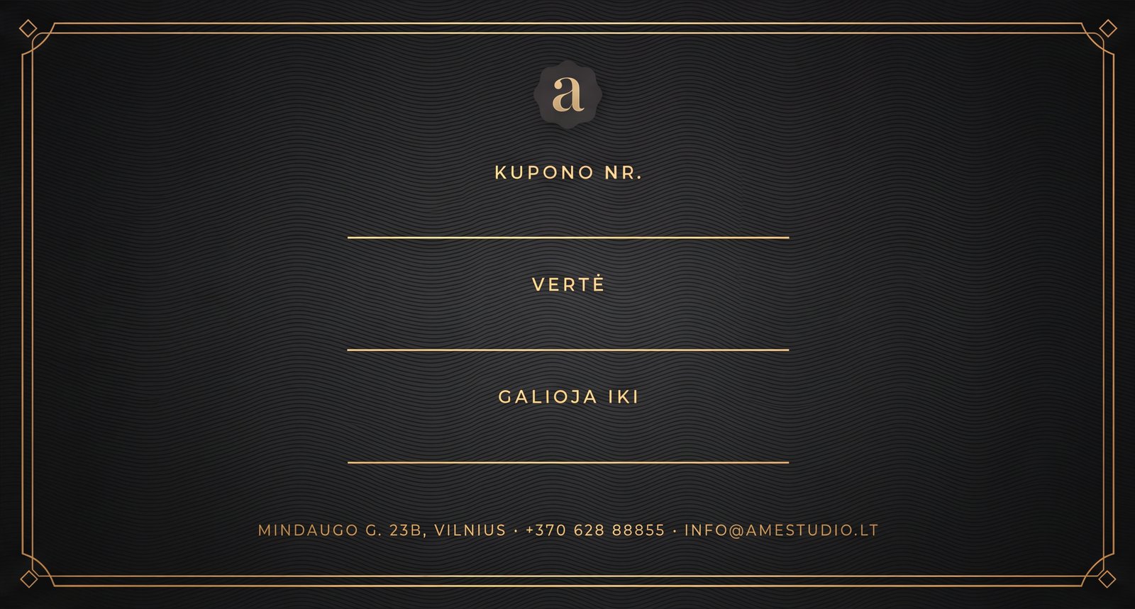 AME Studio dovanų kuponas — galinė pusė, pildomi kupono duomenys ir kontaktai