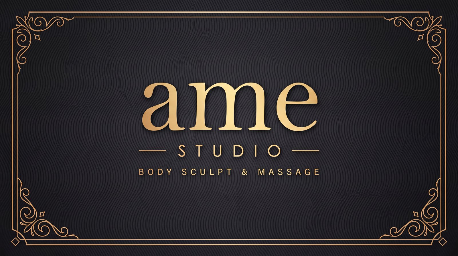 AME Studio dovanų kuponas — priekinė pusė, juodos ir aukso spalvos dizainas