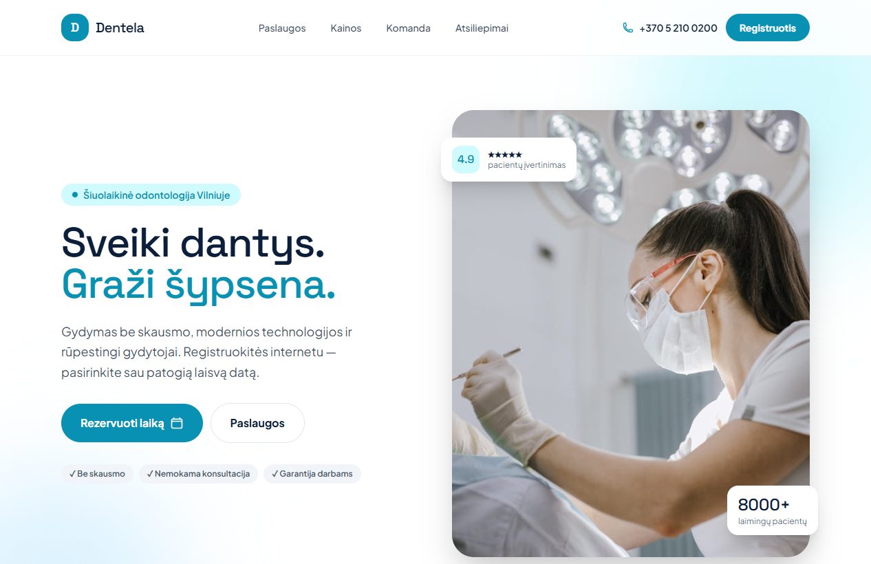 Dentela — odontologijos klinikos svetainės pavyzdys